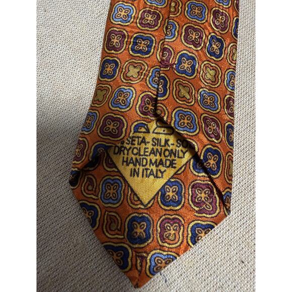 Brioni Tie Mens Orange Blue Silk Handmade in Italy Medallion Geometric Necktie - Picture 7 of 8